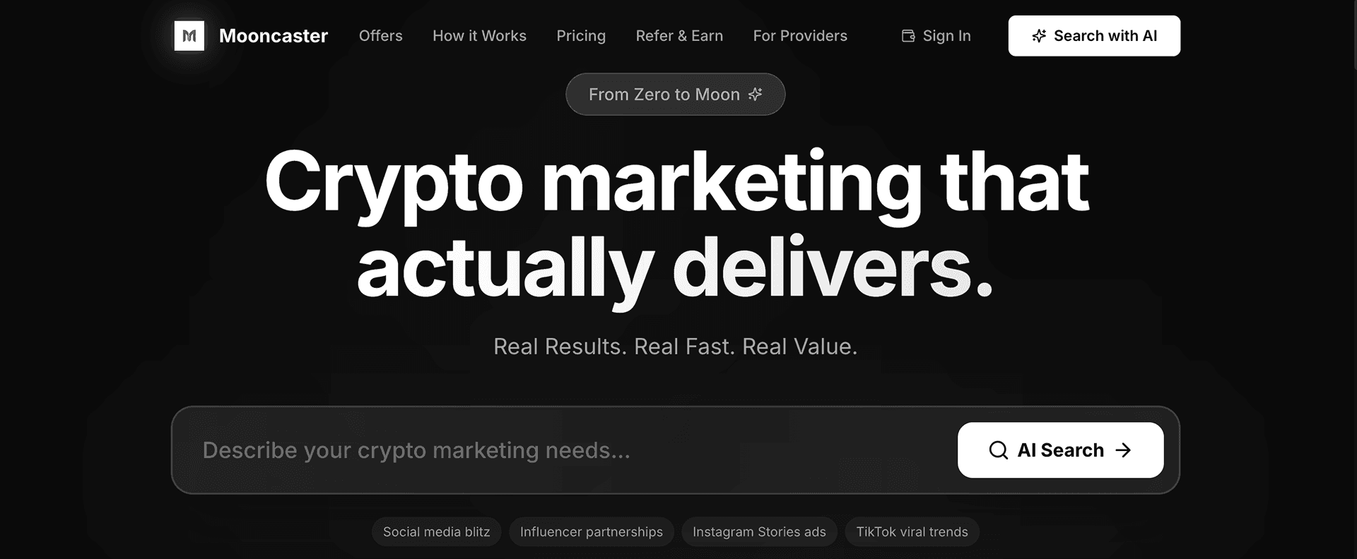 Mooncaster AI-powered crypto marketing marketplace hero image