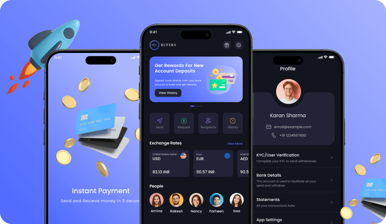 Rufers remittance app interface showcasing instant money transfers with Stellar blockchain